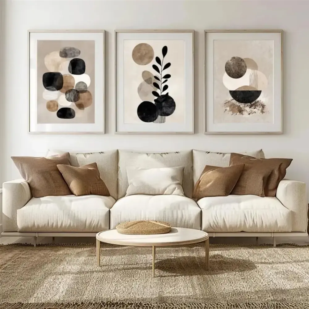 3 Pieces Modern Boho Neutral Geometric Art, Minimalist Plant Wall Mural, Modern Simple Home Art, Eclectic Gallery Decor, Neutral Tone Painting, Aesthetic Wall Decor for Living Room and Bedroom, Decorative Artwork, Framed or Unframed