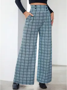 A piece of classic plaid pattern print high-waisted design wide-leg trousers version button detail diagonal pocket suit trousers, retro casual style