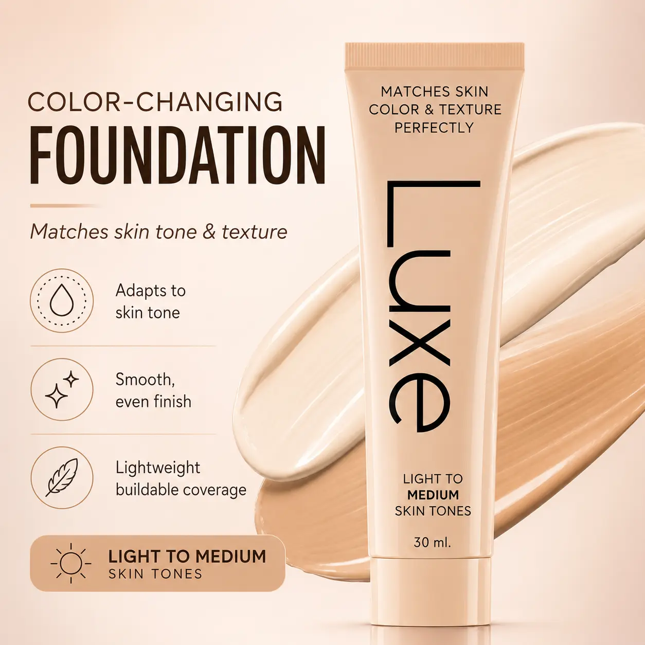 Color Changing Foundation for Mature Skin, Self-Adjusting Lightweight Liquid Foundation, Buildable Natural Coverage for Light to Medium Skin Tones, 30ml