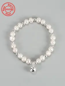 S925 Sterling Silver Natural Freshwater Genuine Pearl Bracelet, Fashionable Beaded Bracelet for Women & Girls, Trendy All-match & Exquisite Jewelry for Birthday Gift