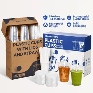 12–24oz Disposable Plastic Cups with Lids & Straws