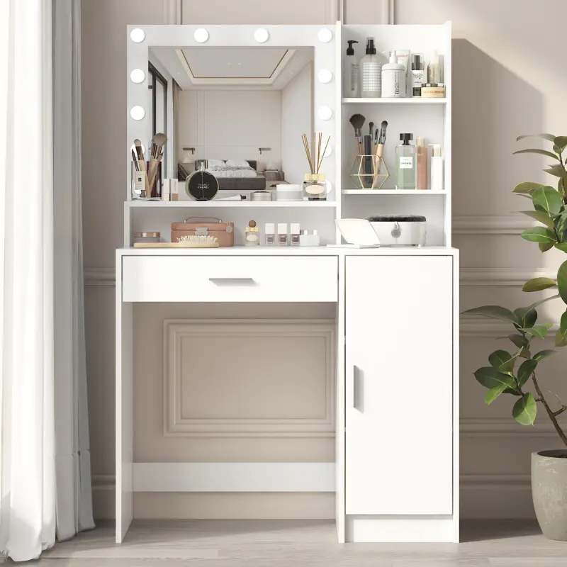 High end and high-quality Vanity Desk with Mirror & Light, Large Drawer Three Level Storage Dresser, 3 Lighting Modes Adjustable Brightness, Bedroom Dressing Table(white)