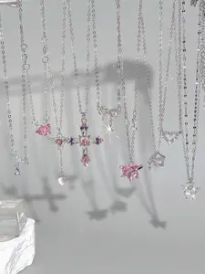 9 Piece Y2K Style Cute Vintage Colorful Crystal Cross Heart Moon Star Butterfly Wings Pendant Necklace Set, Perfect for Parties and Gifts