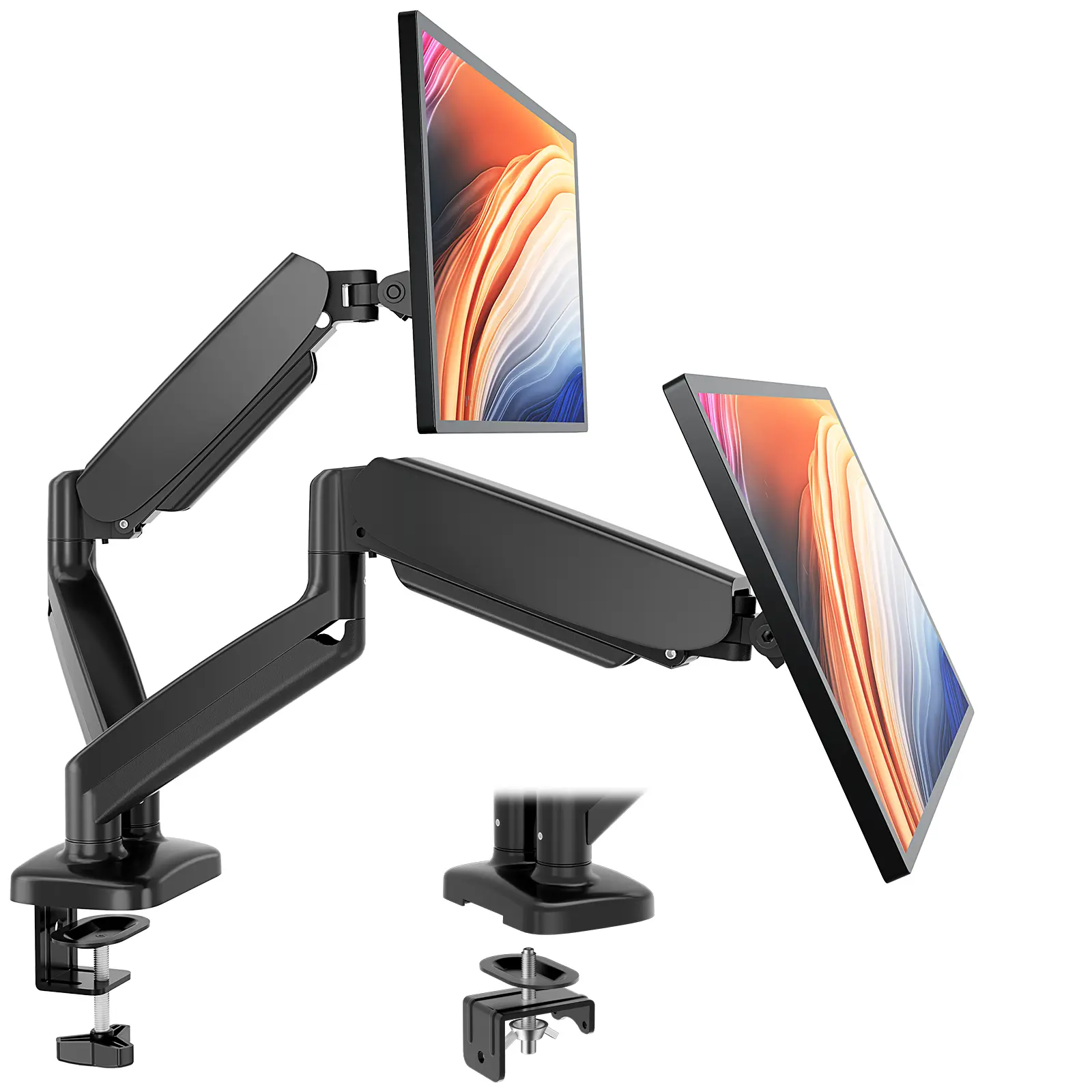 Sturdy Dual-Arm Ergonomic Computer Monitor Stand - Adjustable Office Desktop Mount with Advanced Gas Spring, 360° Rotatable VESA Bracket, Clamp/Grommet Base, 15.6" Lift, for 13-32" VESA Screens (4.4-17.6lb, Assembly Required)
