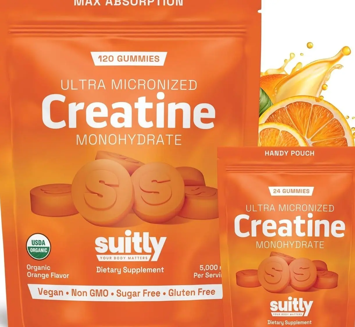 USDA Organic Ultra-Micronized Creatine Gummies for Men & Women; Orange Max Absorption 5g Creatine Gummies Sugar Free for Muscle Gain, Energy & Recovery; Muscle Builder for Women with Pouch - 120 Count