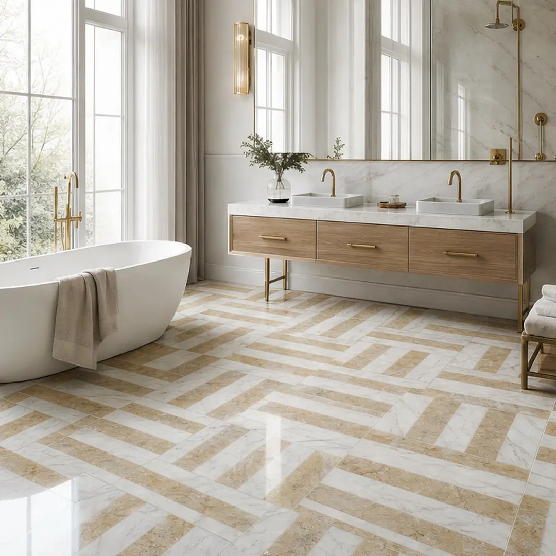 Genuine Natural Marble Tile Set - 12x12 in Waterjet Polished White Gold, 5/8 in Thick (12.00 W x 12.00 D x 0.70 H in), Reflective, 8 Tiles/10.00 Lb Per Box, 2 Facet Patterns, Square, for Home Bathrooms, Commercial Lobbies, Home Improvement Wall/Floor Use,
