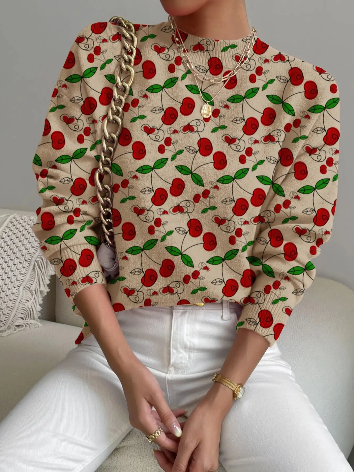 Women's Cherry Print Stand Collar Sweater, Fall Winter Casual Long Sleeve Knitwear, Comfortable Warm Daily Wear, Fitted Design