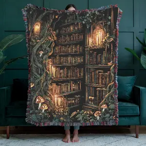 Enchanted Forest Book Nook Woven Throw, 100% Cotton Fantasy Reader Blanket, Cozy Book Lover Tapestry, Goblincore Bookish Decor
