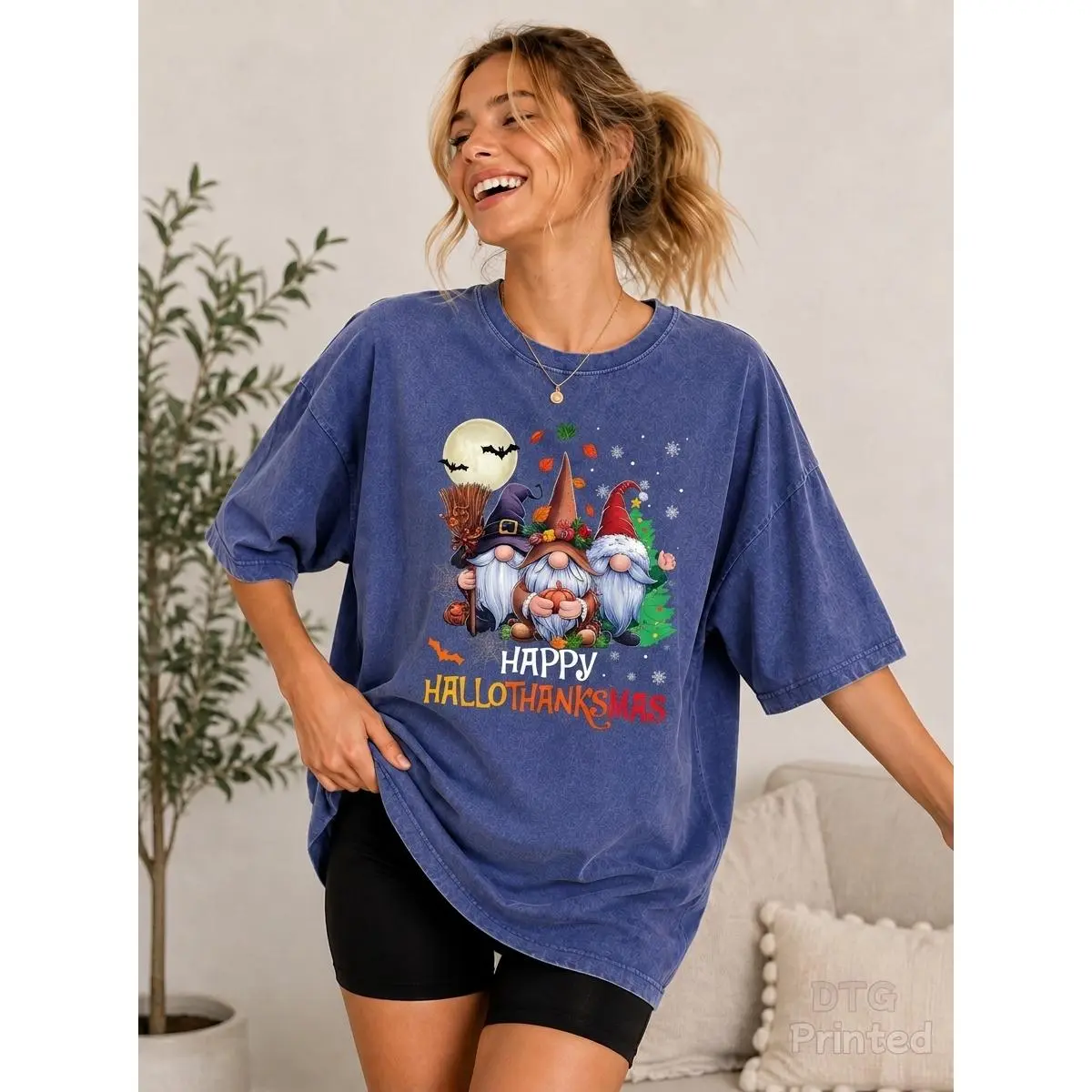 Women's 100% Cotton DTG Printed Hallothanksmas Gnomes Graphic T-Shirt - Vintage Washed, Oversized Crew Neck, Short Sleeve Casual Streetwear Top - Fall Winter Multiholiday Outfit, Ideal Gift for Holiday Lovers