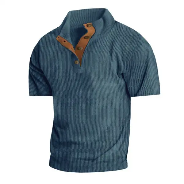 Men's Retro Corduroy Short-Sleeve Pullover Shirt - Stretch Knitwear, Vintage Stand Collar, Button Detail, Lightweight Fabric, 100% Polyester 230gsm, Casual Outdoor Classic Top
