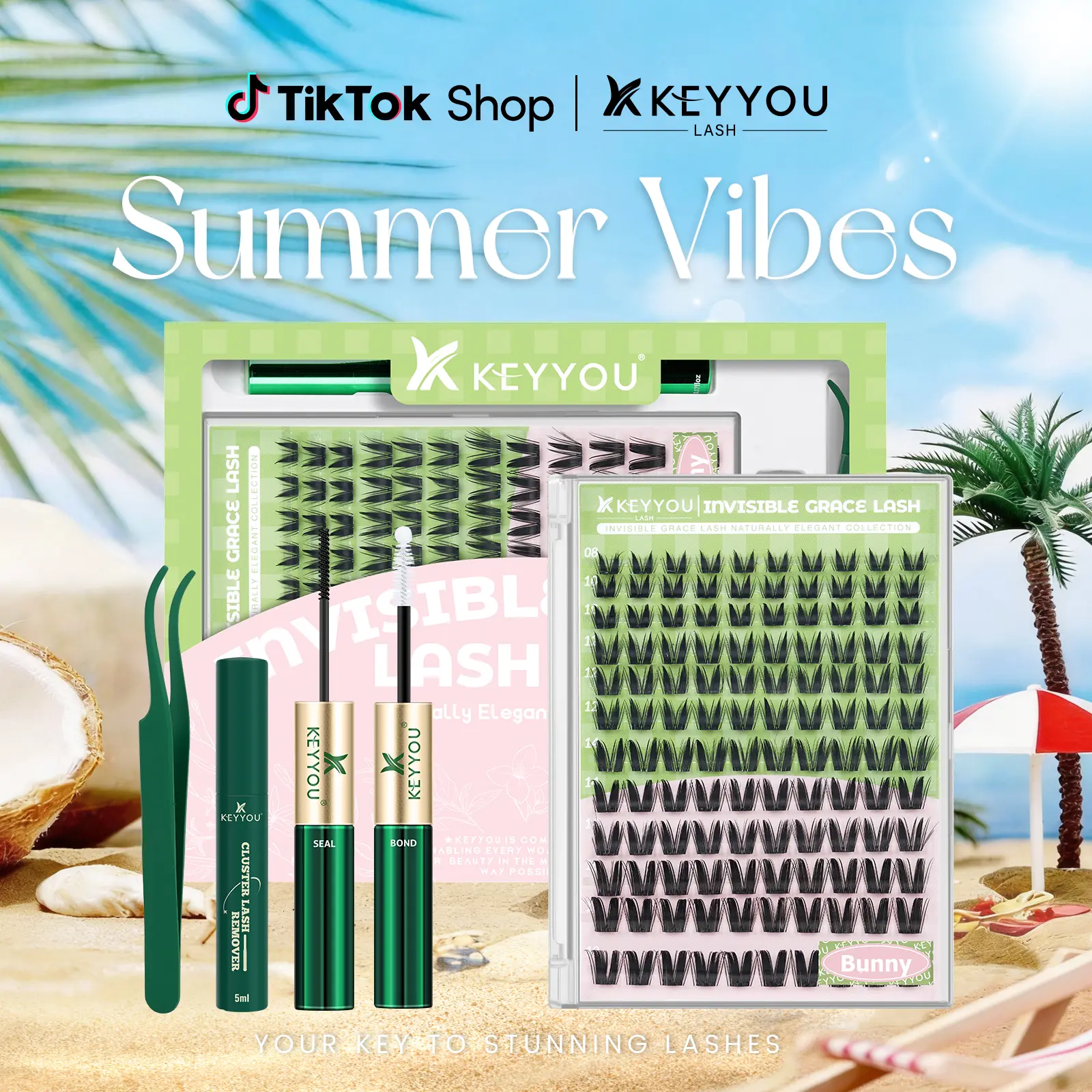 KEYYOU Bunny Lash Clusters Kit DIY Individual Lashes Extension at Home, Natural Wispy C Curl 8-18 Mix, Invisible Band Reusable Waterproof Eyelash Clusters for Beginners Office Party Daily Wear