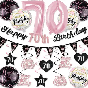70th Birthday Decorations Set, & Glitter Banner, 70 Number Foil Balloons, Hanging Swirls & Pennant Bunting, Party Supplies, Party Event Props