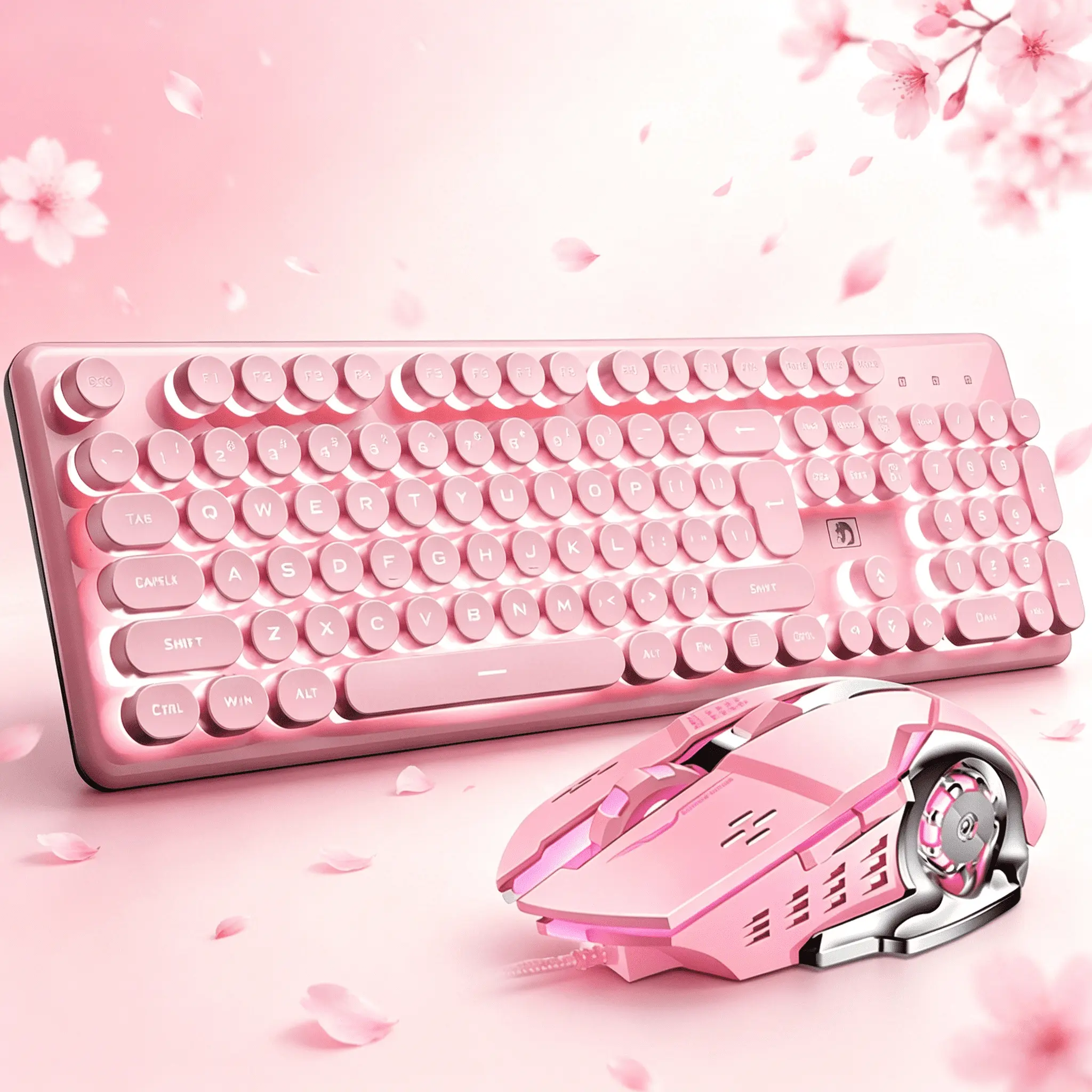 Aesthetic Kawaii Pink Retro Keyboard and Mouse Combo with Unique Round Keycaps and Clean White LED Backlighting, Super Slim Ergonomic Office Desk Setup Gift for Her