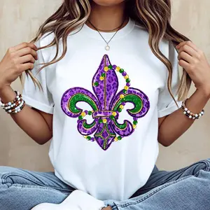Mardi Gras Fleur De Lis T-Shirt Purple Green And Gold Design Festive Party Wear For Women Casual Top Celebrate Carnival Season Summer Womenswear