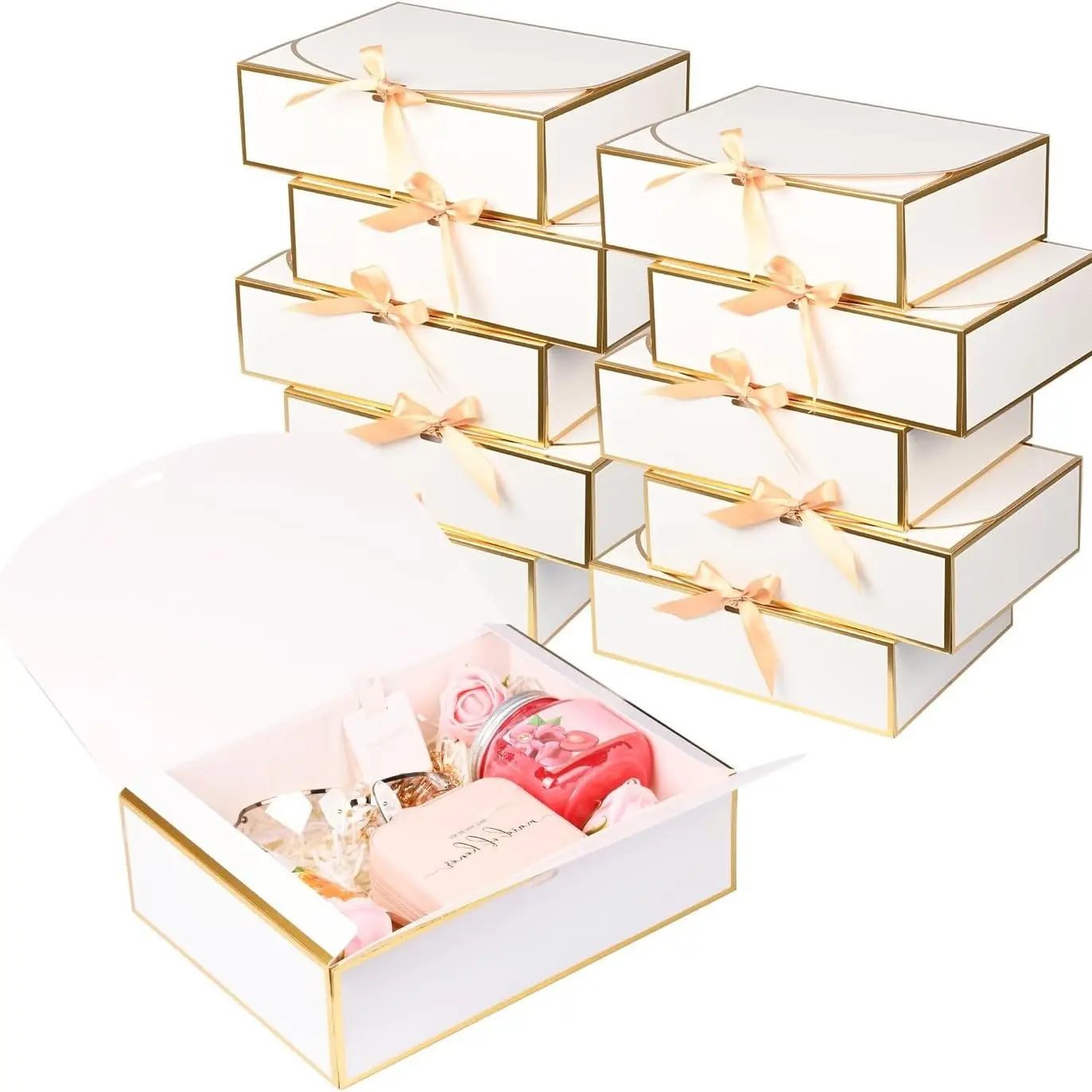 10-Pack Gold Trim Gift Boxes, Champagne Color Bow Tie, Foldable Lid, Birthday Wedding Bridesmaid Return Gifts, Empty Gift Boxes, Gift Packaging Box