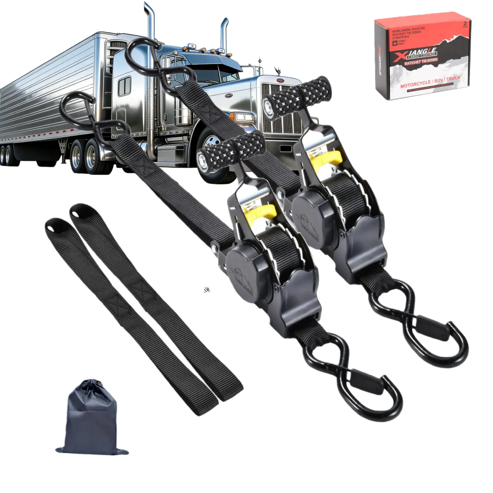1" x 11' Medium-Heavy Duty Retractable Ratchet Straps (2-Pack or 4-Pack Selectable) - Cargo Trailer Tie Downs for Trucks, Cars - Ideal for Kayaking Water Sports, Cargo Trailer Straps, Durable Tie Downs, Motorcycle, Camping, Polyester, Atv, Anti-Tangle, 1
