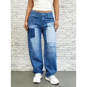 Women'S Jeans with a Loose Fit, Featuring Retro Washed Pocket Patchwork And Cone Fit Design