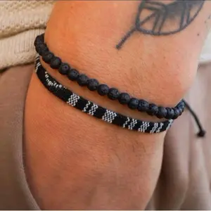 Surfer Lava Rocks Beads Bracelet Set for Men & Women - Handmade Boho Summer Festival Jewelry - Men's Women's Waterproof Cotton Bracelet 2Pcs/ Set