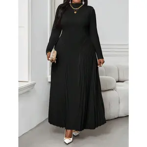 Lady Autumn And Winter Elegant Work Office Black Knitted Stand Collar Pleated Flowy Pleated Long Long Sleeve Plus Size Dresses Fall Women Outfits Winter Women Dress Elegant Women Dresses Fall Clothes Curve