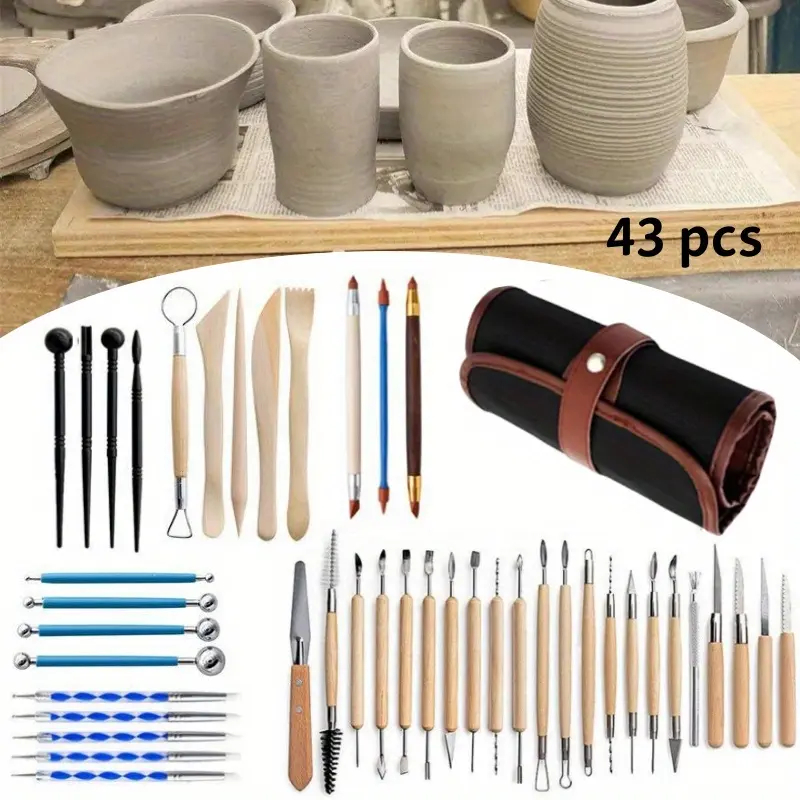 43pcs Clay Sculpting & Pottery Tool Set - Heavy-Duty Plastic Kit with Ergonomic Handle, Storage Bag, Flexible Tips, Metal Tipped Heads, Corrosion Resistant for Beginner Level Sculpting, Cutting, Ceramics, Smoothing, Wooden Handles