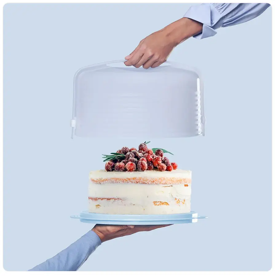 Tupperware Cake Taker Round Storage Container for Food Desserts Bakeware Cover Transparent Utensils with Cutting Guides and Handles for Easy Carrying