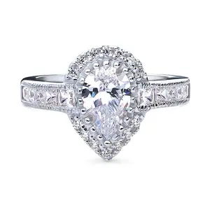 Halo Milgrain Pear CZ Ring in Sterling Silver