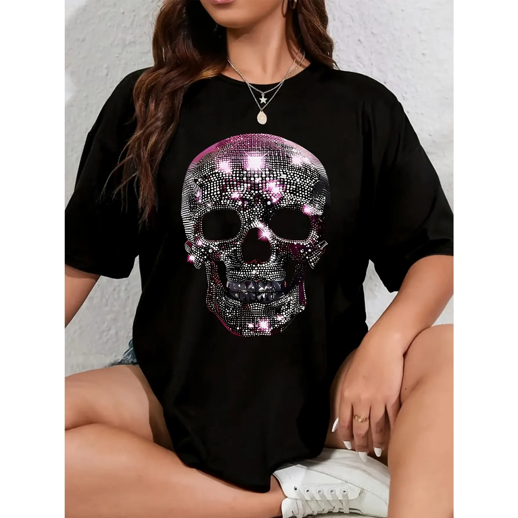 Women's Plus Size Pink Sequin Skull 3D Graphic T-Shirt - 100% Polyester, 220g, Loose-Fitting, Short Sleeve, Round Neck, Casual Tee (1 Pc)