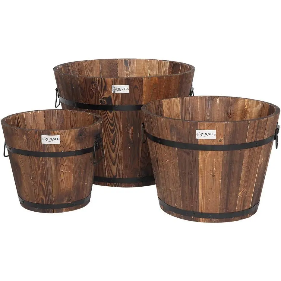 VINGLI 3 Pcs Large Wooden Planter Barrel Set, 11.5in-18in Dia Different Sizes, Rustic Real Wood Bucket Style Above-Ground Flower Pots w/Drainage Holes for Plant Decor, Flower Garden Indoor/Outdoor