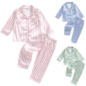 Baby Girl Boy Silk Satin Two Piece Pajamas Set Striped Long Sleeve Button Down Sleep Shirt Tops Lounge Pants Pjs Kids Sleepwear #Springtok