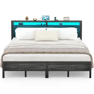 Homieasy Bed Frame with Charging Station and Led Lights, Industrial Metal Platform Bed with Storage Headboard, No Box Spring Needed bed frame full size full bed king  bed