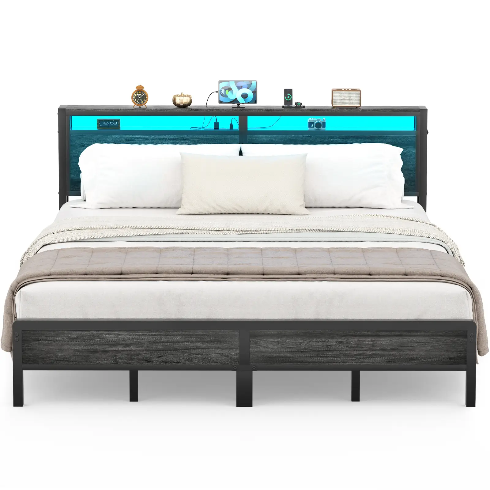 Homieasy Bed Frame with Charging Station and Led Lights, Industrial Metal Platform Bed with Storage Headboard, No Box Spring Needed bed frame full siz