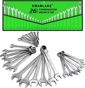 26-Piece Combination Wrench Set SAE 1/4”-1” & Metric 8-24mm – Durable Wrench Kit with Roll-Up Pouch for Automotive, Garage, Household & Emergency Repairs