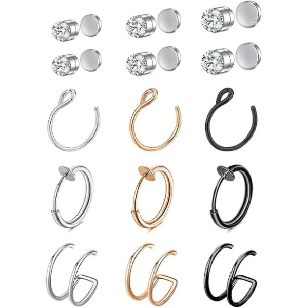 Unisex 15-Piece Stainless Steel Non-Perforated Magnetic Body Jewelry Set - Fake Piercing Nose Rings, Ear Studs, Lip Studs with Storage Bag