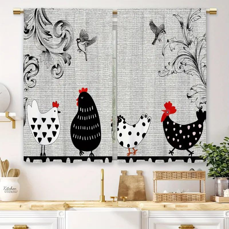 2pcs Farmhouse Rooster Blackout Curtains - 28x40in Easy-to-Install Rod Pocket Short Drapes, Knitted Fabric, 1-Side Printed Country Retro Animals & Leaf Modern Design, Machine Washable Non-Bleachable Darkening Panels for Small Cafe Windows