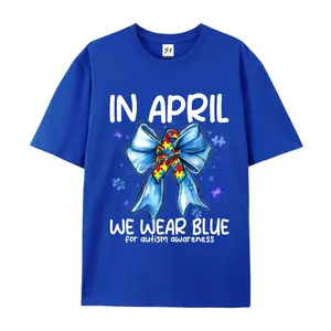 Autism Awareness Coquette Bow T-Shirt – "In April We Wear Blue" Design, Soft Cotton, Casual Fit, Short Sleeve, Round Neck, Machine Washable, Men's Fashion