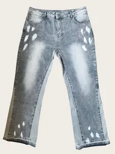 Romwe Men Street Life Men's Distressed Patchwork Flare Jeans, Casual Ripped Denim, Random Print, Casual Fashion, Comfortable Fit, Perfect for Daily Wear, Streetwear, Menswear, Pants