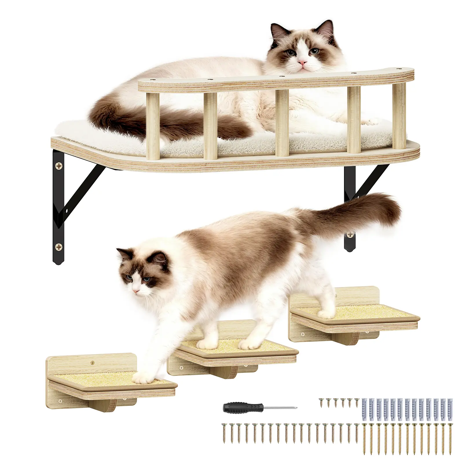 Space-Saving Cat Wall Shelves, Wall-Mounted 4-Piece Cat Perch & Steps, 17"x12" Floating Wooden Cat Shelf with Soft Cushion for Small Apartments & Indoor Cats