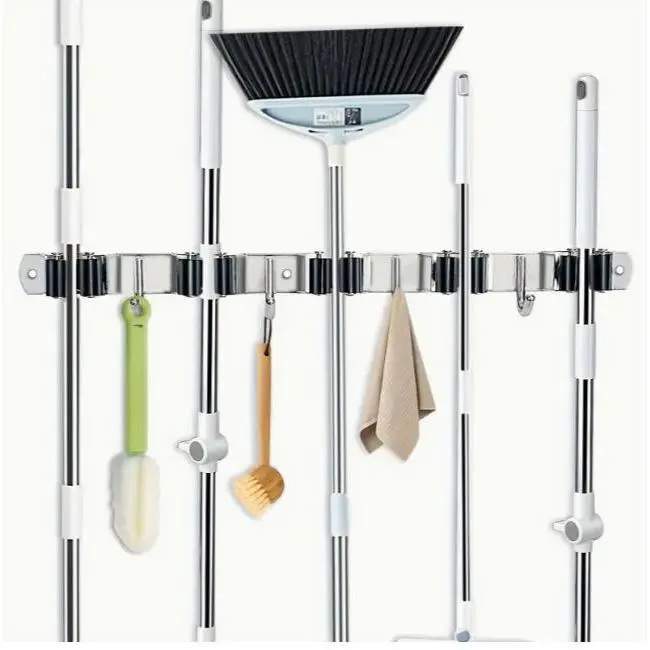 5 Racks and 4 Hooks Mop and Broom Holder Wall Mount, Broom Organizer Storage Tool Racks Stainless Steel Heavy Duty Hooks Self Adhesive Solid Non-slip for Home Kitchen Garden Laundry，homeessentials