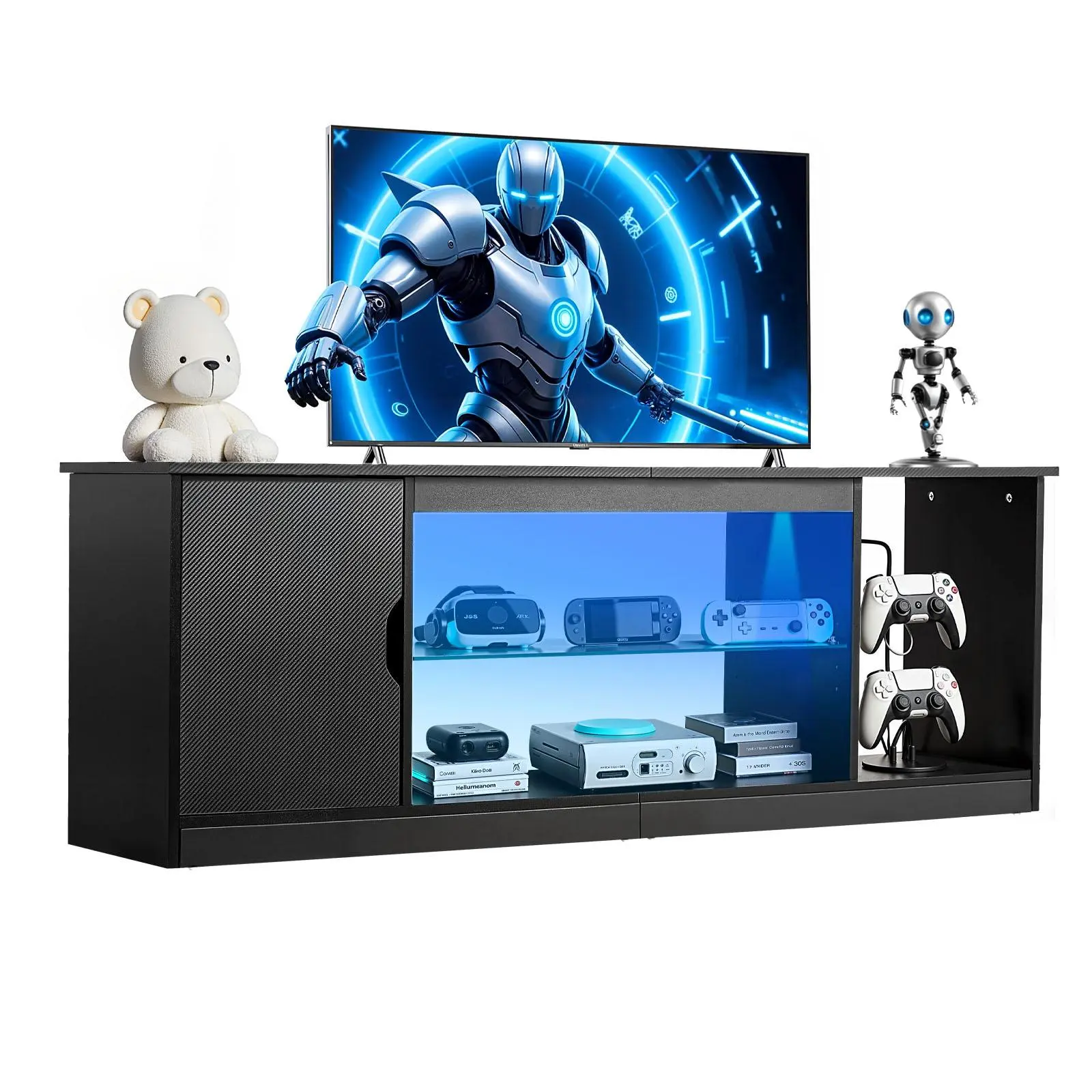 【SummerFinds】VEVOR TV Stand for TVs up to 65 inch, Modern Entertainment Center with Light Strip, Wooden TV Cabinet Storage with Glass Shelf and Adjustable Shelves, Console Table for Living Room and Bedroom, Black