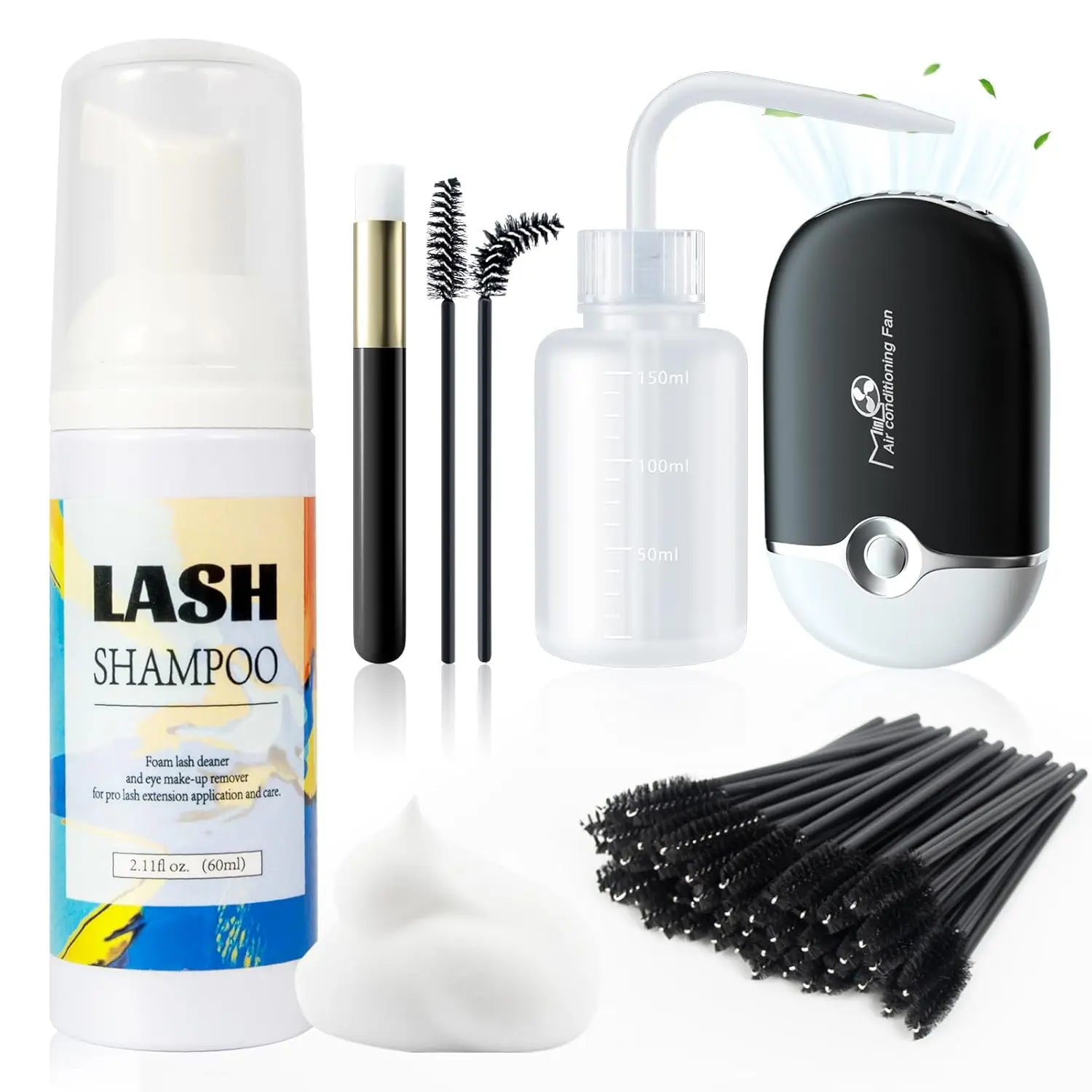 Halloween Gift Lash Shampoo Kit Lash Cleaning for extensions 2.02Fl oz/60mL, Black | Oil Free, Includes USB Rechargeable Mini Lash Fan, Rinse Bottle & Brushes & 50 Mascara Wands for Daily Lash Aftercare