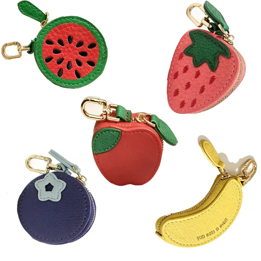 Cute Fruit Mini Coin Purse Keychain, Cartoon Apple Strawberry Watermelon Banana Blueberry Leather Earbud Pouch, Portable Small Zipper Wallet for Airpods Key Coin