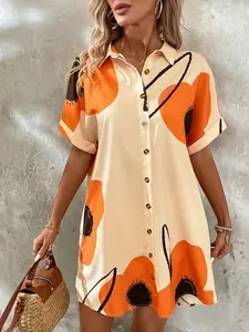 Spring Summer New Print Fashion Casual Women's Short Shirt Dress, Stylish Ladies' Clothing, Perfect for Daily Wear & Button