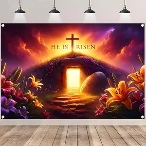 Retro He is Risen Easter Backdrop Banner, Christian Resurrection Decorations with Empty Tomb Cross Lilies, Durable Polyester Fabric Photo Booth Prop, Reusable Easy to Clean, Perfect for Easter Church Service, Sunday School, Home Decor, Gift for Christians