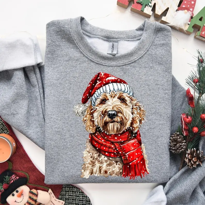 Goldendoodle Christmas Sweatshirt, Watercolor Golden Doodle Holiday Labradoodle Sweatshirt