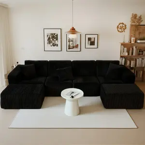 Oversized Modular U-Shaped Sectional Sofa, 132-inch 4-Seater Comfy Fluffy Cloud Couch with Chaise Lounge Ottoman, Boneless Couch for Living Room or Bedroom, Striped Corduroy Fabric, Deep Seat Memory Foam, Free Combination