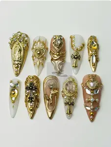 Freestyle Religious Amulets Long Almond Press On Nail False Nails Prom Event Birthday Nails Goth Gothic Y2K Aura Nail Premium Materials Durable Luxury Design