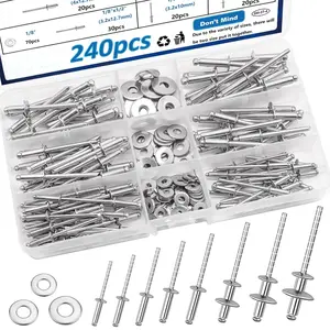 240 count Steel Rivets with Washers 7-Sizes 304 Stainless Steel Pop Rivets Assortment Kit 1/8",5/32",3/16" for Metal,Furniture,Automotive,Instruments