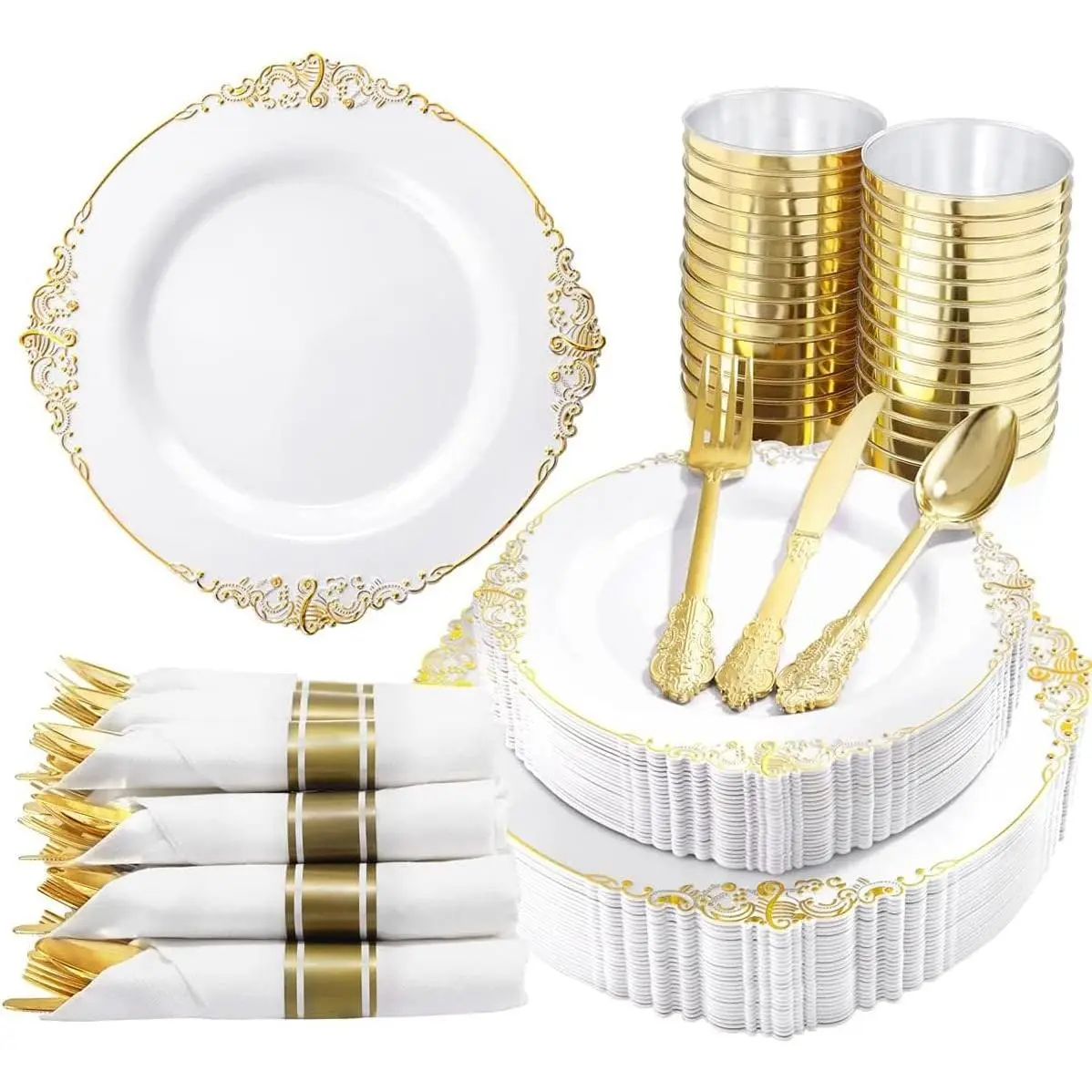 350PCS Gold Plastic Plates - Gold Plastic Dinnerware Sets for 50 Guests - 100 Disposable Plates, 150 Silverware, 50 Cups, 50 Napkins for Wedding & Party & Thanksgiving