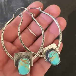 925 Silvery Plated Boho-Chic Kingman Turquoise Hoop Earrings - Zinc Alloy, Copper Posts for Casual Attire & Gifting