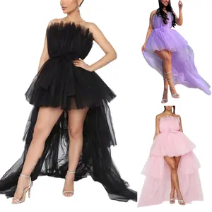 Summer dress Women's Tiered High Low Prom Dress Bow Sash Tulle Homecoming Pageant Dresses Off Shoulder Ruffle Tutu Long Puffy Gown